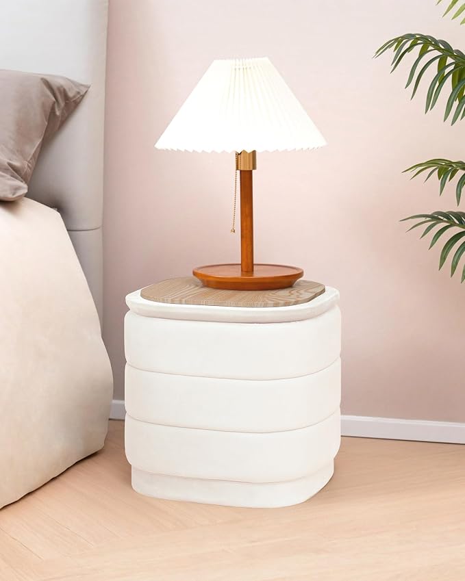 B FSOBEIIALEO Velvet Storage Ottoman with Tray, Square Folding Ottoman with Storage Coffee Table Foot Rest for Dorm Room, Living Room White, 15"x15"x15"