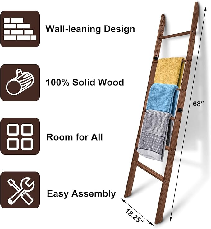 Blanket Ladder for Living Room and Bedroom,6-Tier Decorative Display Ladder Shelf,Ladder Rack for Storage and Decor,Wall Leaning Farmhouse Blanket Storage,Towel Rack, Bathroom,Brown