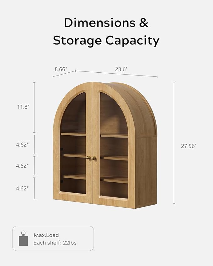 EYYTHUNG Arched Wall Cabinet, Large Bathroom Medicine Wall Mounted Cupboard, Farmhouse Floating Storage Cabinet with Acrylic Door Adjustable Shelf, Wood Organizer (Natural Oak)