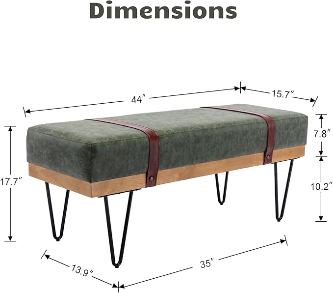 HEAH-YO Industrial Entryway Bench Set of 1, 44 Inches End of Bench with Padded Seat Cushion, Uphlstered PU Leather Dining Bench for Kitchen Living Room, Green