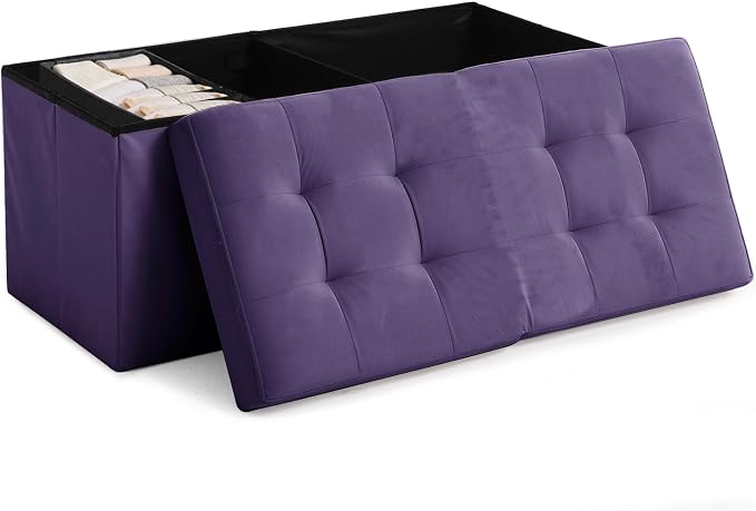HAUSFRAU 31.5 Inches Ottoman with Storage Bench, Folding Ottoman Bench Small Foot Rest Stool, Bedroom Bench with Flipping Lid, Velvet Purple