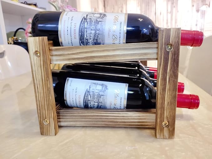 8 Bottle Wooden Wine Rack, 2 Tier Countertop Wine Storage Rack, Carbonized Pine Wood Freestanding Wine Organizer Holder for Kitchen Counter, Bar, Cabinet, Dining Room