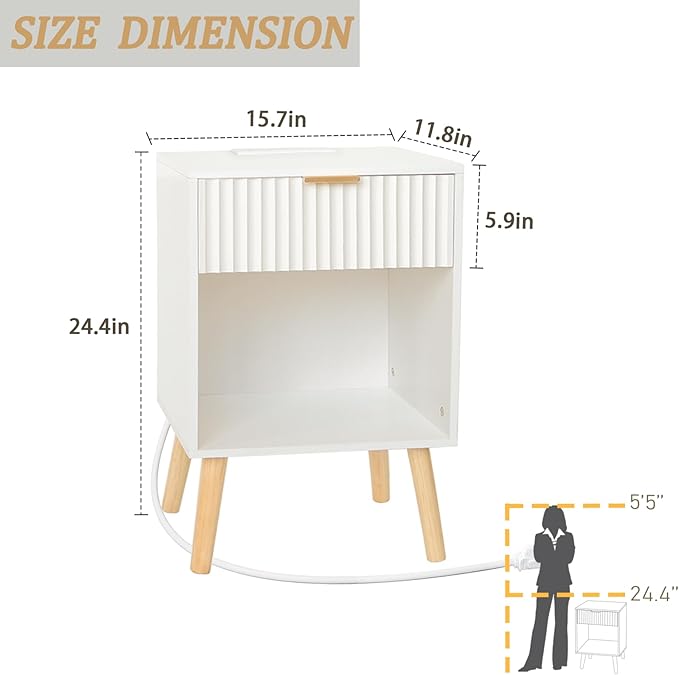 Fultyle White Nightstand with Charging Station, Mid Century Modern Bedside Table with Drawers and Outlet, Side Tables Living Room, Wooden Night Stand for Bedroom, Office (White)