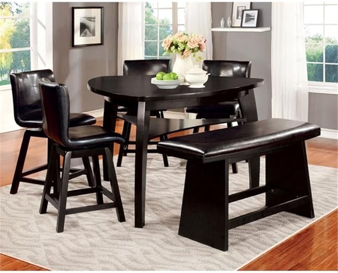 BOWERY HILL 6 Piece Counter Height Dining Set, Solid Wood and Faux Leather, Black Finish, Includes Triangular Table, Swivel Chairs, Dining Bench, Open Shelf, Contemporary Style for Modern Dining Room
