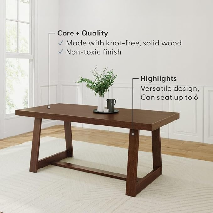 Plank+Beam 72 Inch Farmhouse Dining Table, Solid Wood Rustic Kitchen Table, Large Wooden Rectangular Dinner Table for Dining Room, Home Office, Living Room Furniture, Easy Assembly, Walnut Wirebrush