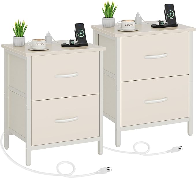 Vagusicc Nightstand Set of 2 with Charging Station, End Table Bedside Table with Power Outlet & USB Ports, Side Table with 2 Fabric Drawers for Bedroom, Living Room, Beige