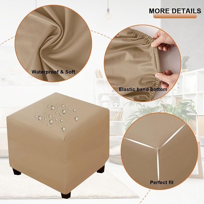 Waterproof Ottoman Cover Square Stretch PU Soft Folding Storage Ottoman Cover with Elastic Bottom Cube Footrest Foot Stool Slipcovers Machine Washable(Medium/Light Coffee)