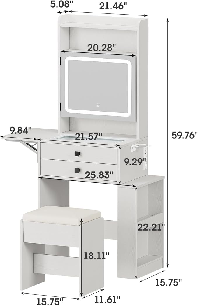 Vabches Small Makeup Vanity Desk with 3 Adjustable Lighted Mirror, White Vanity Set with Fold-up Panel and Charging Station, Glass Top Dressing Table with Drawers and Chair, 2 Hidden Storage Shelves