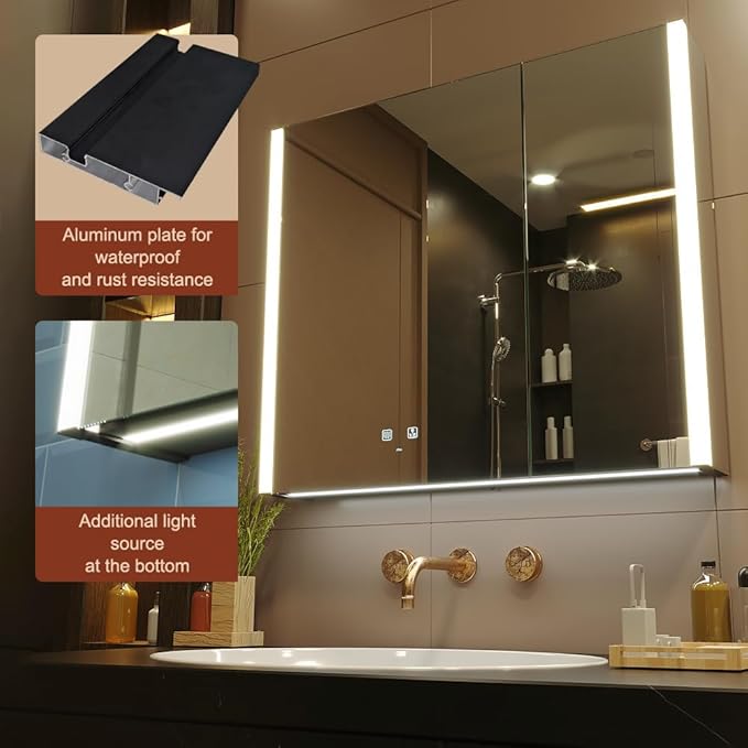 KWW LED Lighted Bathroom Medicine Cabinet with Sockets & USBs, Defogger, Dimmable, 3 Color Light Makeup Mirror, Easy to Install, Wall Mounted Cabinet (2 door-31 * 28)