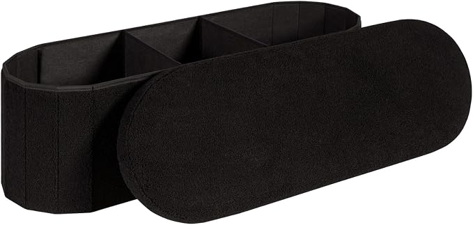 Storage Ottoman Bench, 43.3" Oval Upholstered Ottoman Foot Rest Foldable Boucle End of Bed Storage Bench for Living Room, Entryway, Black