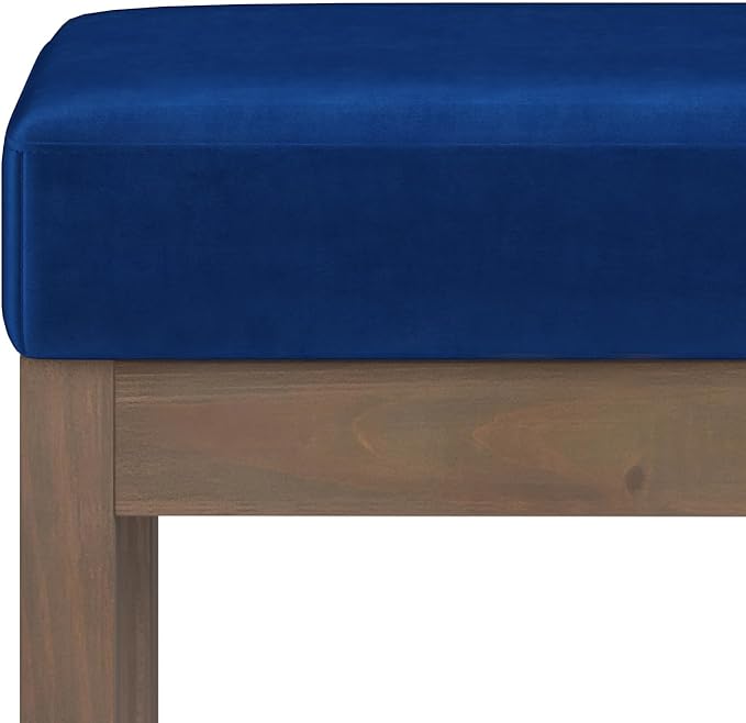 SIMPLIHOME Milltown Small Ottoman Bench - 27" Wide x 18" High Upholstered Velvet Fabric Rectangle Footstool Ottoman in Blue, Contemporary Bench for Bedroom with Cushioned Seat, Assembled