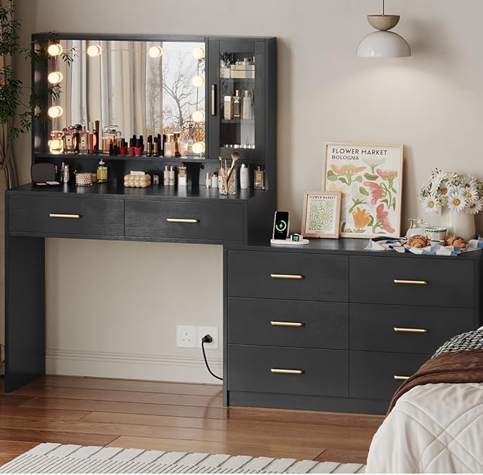 Makeup Desk with Drawers & Cabinet & Dresser, Black Vanity Table with Drawer Dresser, Large Vanity Table with 8 Drawers, Vanity Desk with Large Mirror and 3-Color Lights for Girls, Dressing Table 59"