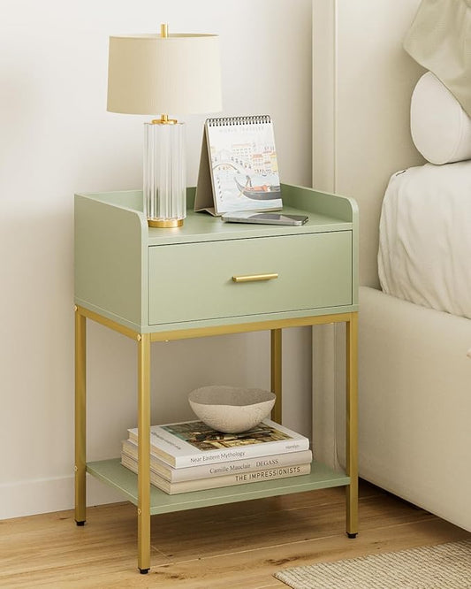 Masupu Nightstand,Bedside Table 3-Tier Modern Night Stand with Storage Drawer and Shelf,Small End Side Table for Bedroom,Living Room,Black (Without Outlet, Green)
