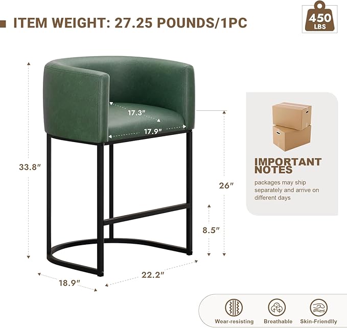 26" H Counter Height Bar Stools Set of 2, Modern Barrel Counter Stools with Backrest and Arms, Faux Leather Upholstered Accent Barstools for Kitchen Island,Support 450 LBS (Green)