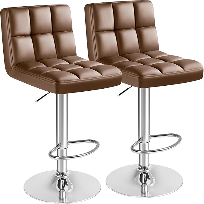 Furmax Bar Stools Modern Pu Leather Swivel Adjustable Hydraulic Bar Stool Square Counter Height Stool Set of 2 (Brown)