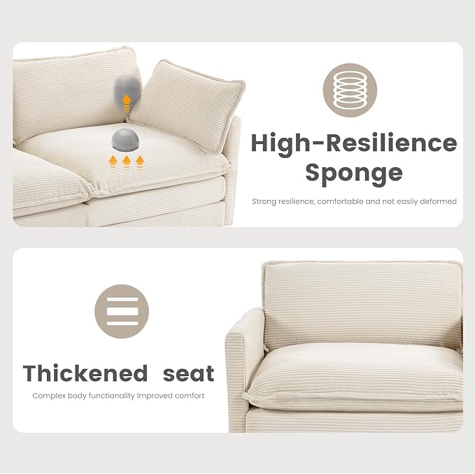 112'' Sectional Modular Cloud Couch, Oversized 5 Seat Couches U Shaped Sofa with 2 Movable Ottomans, 2 Throw Pillows, Upholstered Corduroy U Shape Comfy Deep Couches for Living Room and Office, Beige