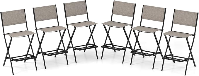 COSTWAY Outdoor Patio Bar Chair Set of 6, Folding Counter Height Stool with Metal Frame & Footrest, Patio Bar Stool for Balcony, Garden & Poolside (6, Coffee)