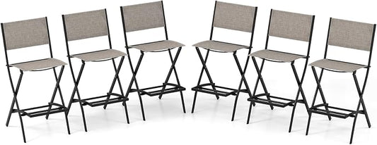 COSTWAY Outdoor Patio Bar Chair Set of 6, Folding Counter Height Stool with Metal Frame & Footrest, Patio Bar Stool for Balcony, Garden & Poolside (6, Coffee)