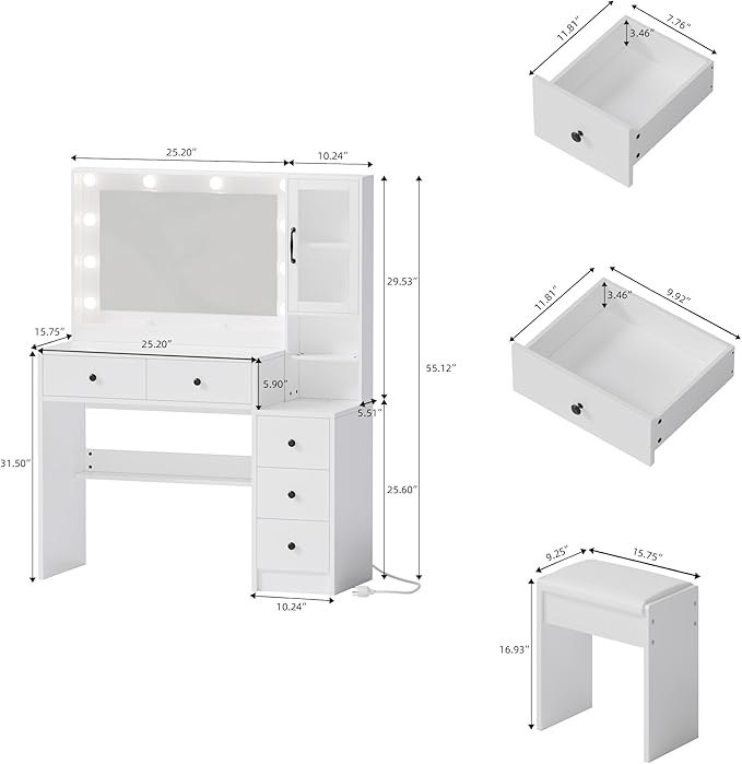 Makeup Vanity with Lights & Charging Station, White Vanity Table with 5 Drawers & Open Storage Shelves, Vanity Desk with Mirror & Lights, Dressing Table Set, Bedroom Makeup Table Set Black Handle