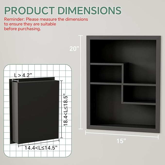 Stainless Steel Recessed Medicine Cabinet 14 * 18, Rust-proof Metal Wall Niche, In Wall Shower Niche Shelf Insert Replacement, Recessed Medicine Cabinets for Drywall, with 4 Compartments, Black