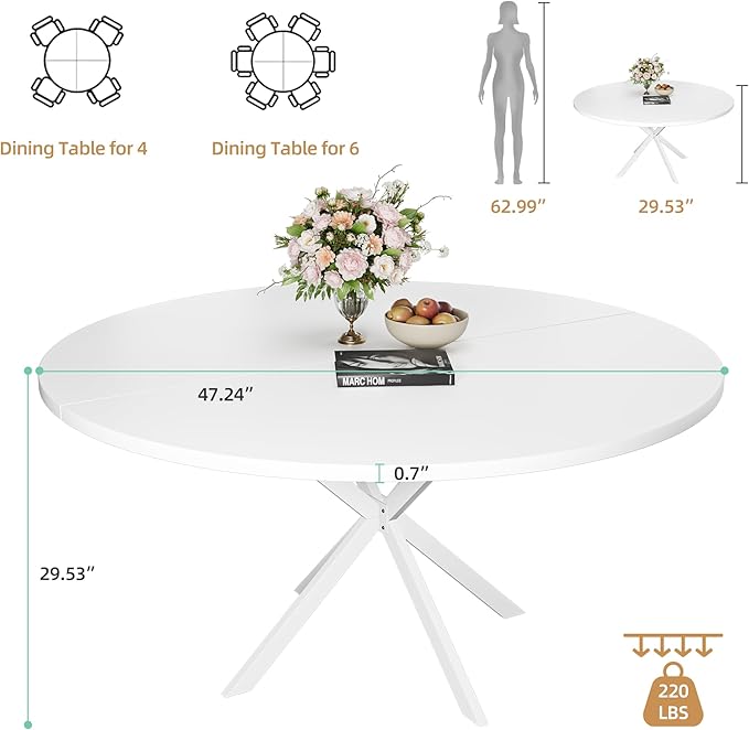 47.24" Round Dining Table for 4-6 Person, Round Kitchen Table with Wood Top, Circle Dinner Pedestal Tables with Metal Legs for Dining Room Kitchen (White)