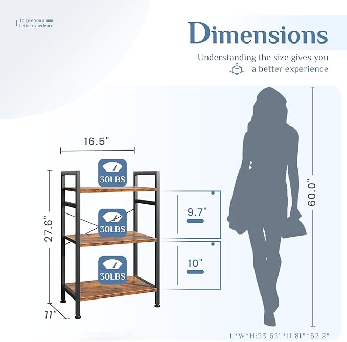 DUMOS 3 Tiers Open Bookshelf, Classic Freestanding Tall Display Shelf, Multifunctional Storage Organizer Rack for Living Room Home Office, Sturdy Bookcase for CDs/Books/Movies, Brown