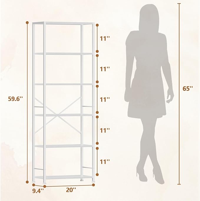 Furologee 6 Tier Book Shelf, Tall Wide Bookshelf, Modern Open Bookcase, Display Shelves Storage Organizer, Shelving Unit for Living Room, Home Office, Bedroom, Kitchen, White