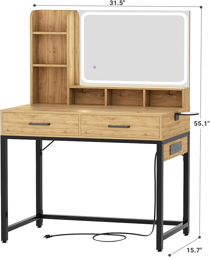 Small Vanity Desk, Vanity Desk with Mirror and Lights, Makeup Vanity Desks with Power Strip, Vanity Table with Drawers and Shelves, Adjustable Lighting, Dressing Table for Bedroom Room, Nature Oak