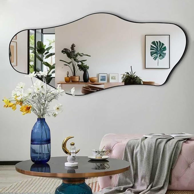 Large Irregular Mirror, 55"x25.6" Asymmetrical Aesthetic Wall Mirror with Metal Frame, Modern Organic Shaped Mirrors for Living Room Bedroom Hallway Entryway, Horizontal or Vertical Hanging