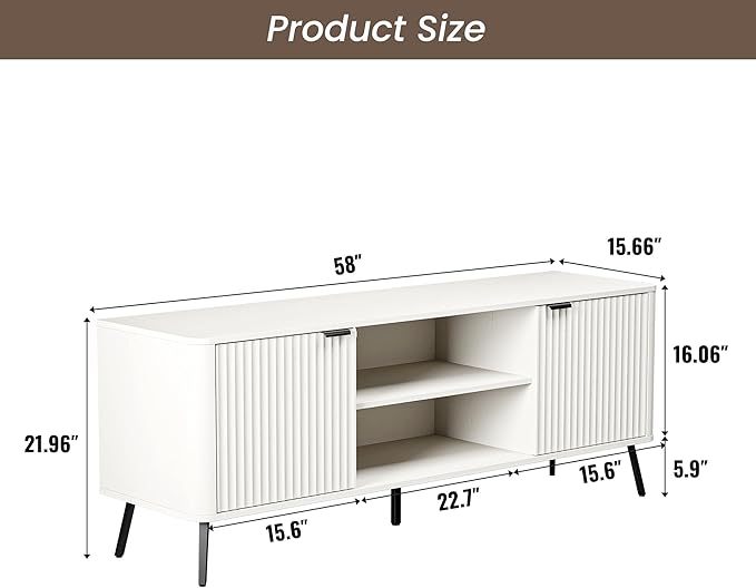 Fatmok TV Stand, 58" Modern Media TV Console Table with Storage for 55/60/65 inch TV, Mid Century Entertainment Center with Fluted Door Cabinets and Open Shelves TV Cabinet for Living Room, Bedroom