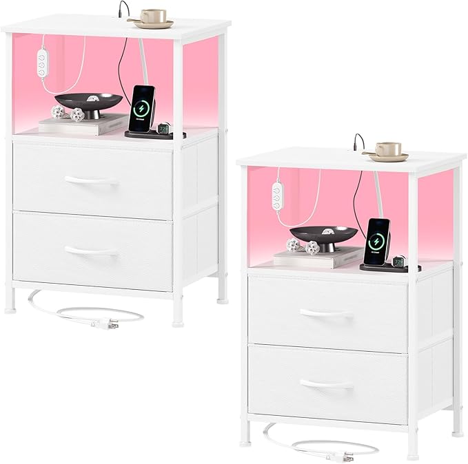 Somdot Nightstands Set of 2,End Tables with Charging Station and LED Lights,Night Stand with 2 Fabric Drawers, End Table with Open Shelf, Small Nightstand for Bedroom, White Leather