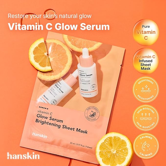 Hanskin Vitamin C Glow Sheet Mask – Korean Brightening & Hydrating Face Mask with Vitamin C + Niacinamide for Radiant, Even-Toned Skin | Glowing, Revitalizing Serum Mask | 10EA
