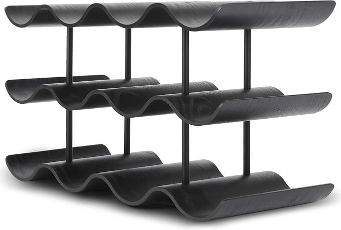 Countertop Wine Rack - 12 Bottle Freestanding Wine Bottle Holder Stand - 3 Tier Wooden Wine Storage Rack - Black Wavy Wine Organizer for Cabinet Pantry Home Kitchen Bar