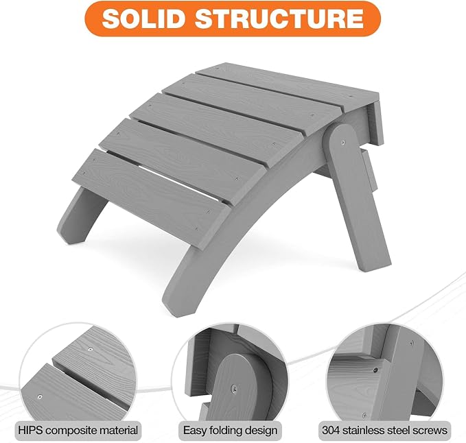 YEFU Adirondack Ottoman Set of 2, Patio Foot Rest, Adirondack Foot Rest, Folding Adirondack Footstool, Weather Resistant for Adirondack Chair, Widely Used for Outdoor, Porch, Backyard, Fire Pits-Gray