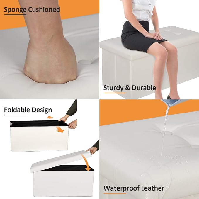 ZenStyle 30Inches Storage Ottoman Bench, Folding Footrest Stool, Storage Chest Long Shoes Bench with Foam Padded Seat, Holds up to 350 lbs, for Living Room, Entryway, Bedroom(White, 30 inches)