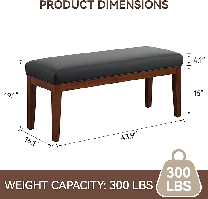 WUTUTUEE 43.5'' Faux Leather Bedroom Bench, Upholstered End of Bed Bench, Padded Vintage Dining Bench, Entryway Bench with Solid Wood Legs, Kitchen, Living Room, Hallway, Black