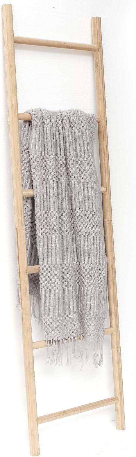 FUIN Fully Assembled 6ft Bamboo Blanket Ladders Living Room Wood Decorative Wall Leaning Farmhouse Quilt Display Holder Rustic Wooden Towel Rack for Bathroom, Unfinished