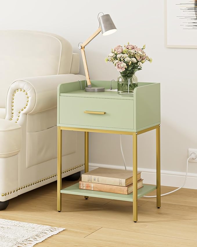 Nightstand with Charging Station,3-Tier Modern Bedside Table Night Stand with Storage Drawer and Open Shelf,Small End Side Table for Bedroom,Living Room,Green