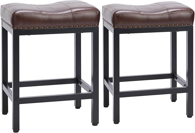 Sweetcrispy Bar Stools Set of 2, 24 Inch Counter Height Stools, PU Leather Upholstered Bar Chairs with Footrest, Modern Bar Stools for Kitchen Island, Dining, Living Room, Brown