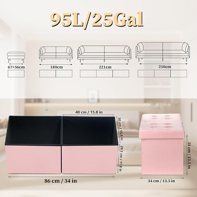 Bsketa Storage Ottoman Bench with Folding Lid Ⅲ, Foot Stools Opens on Both Ends, Footrest Foldable Velvet Chest for Living Room, Bedroom, Entryway, End of Bed Storage Blanket Ottomans Pink