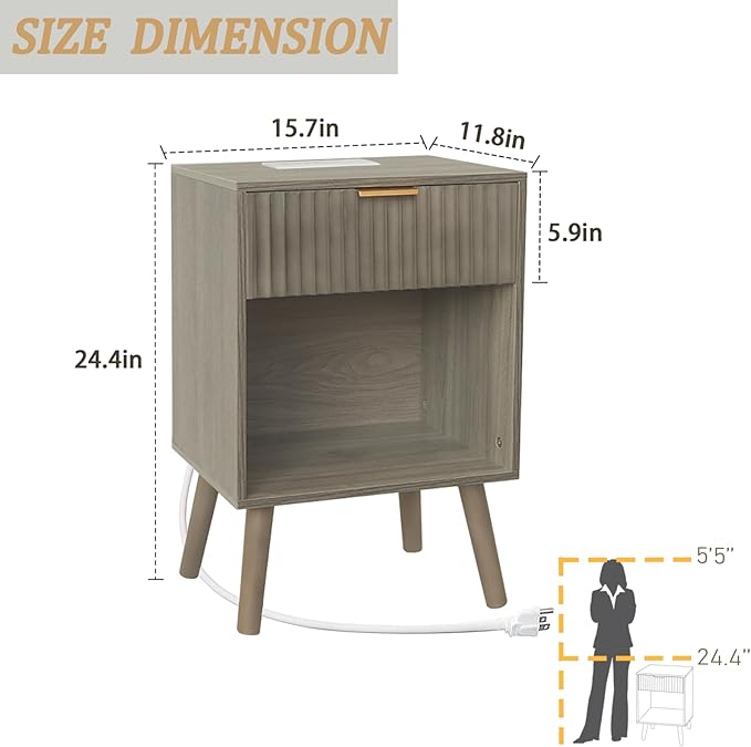 Fultyle Grey Wood Nightstand with Charging Station, Modern Bedside Table with Fluted Drawers and Storage Shelf, End Side Tables Living Room for Bedroom, Office (Grey)