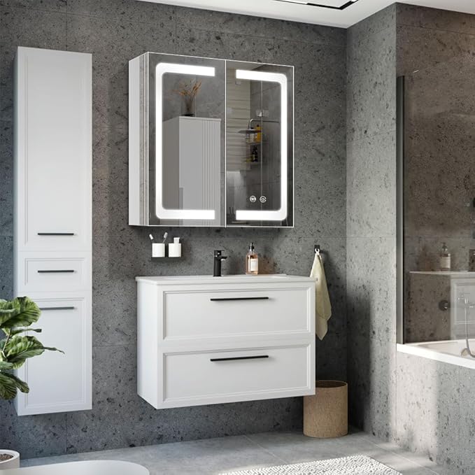 Stainless Steel LED Medicine Cabinet,Bathroom Mirror Cabinet with Light,3 Color,Dimmable,Equipped with Defogger,USB Shavor Socket,Internal Light,24×28 Inch