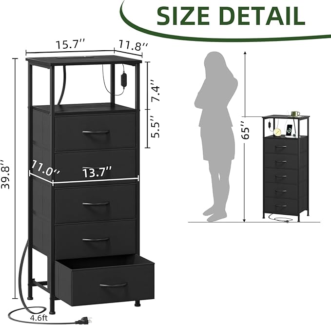 Somdot Black Nightstand with Charging Station and LED Light for Bedroom, Tall 5 Drawers Dresser with Fabric Bins for Bedside Kids Dorm Room Closet Laundry Entryway, Black