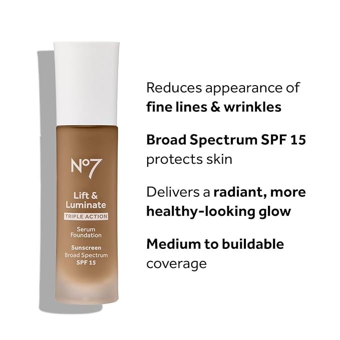 No7 Lift & Luminate Triple Action Serum Foundation - Honey - Liquid Foundation Makeup with SPF 15 for Dewy, Glowy Base - Radiant Serum Foundation for Mature Skin (30ml)