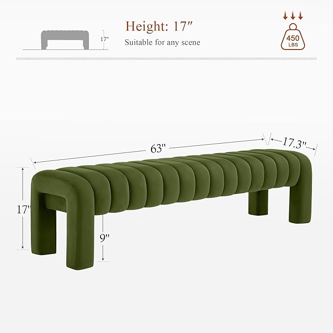 63’’ Bedroom Bench, Upholstered End of Bed Bench with Solid Wood Legs, Modern Dining Bench with Full Covered Fabrics for Entryway, Bedroom, Living Room (Green, Velvet)