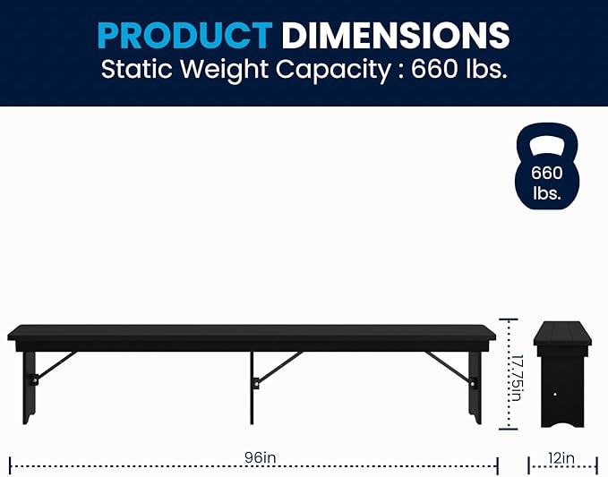 Flash Furniture Hercules Commercial Farmhouse Folding Bench, Antique Solid Pine Entryway Bench, Foldable Locking Legs, 8' x 12", Black Wash