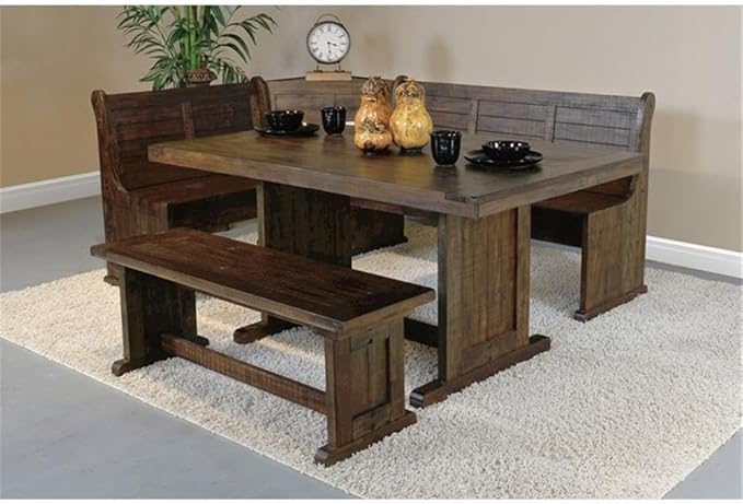 Pemberly Row 3-Piece Farmhouse Wood Breakfast Nook Set with Table, Hidden Storage, Planked Tops, Reversible Seating, in Tobacco Leaf Finish