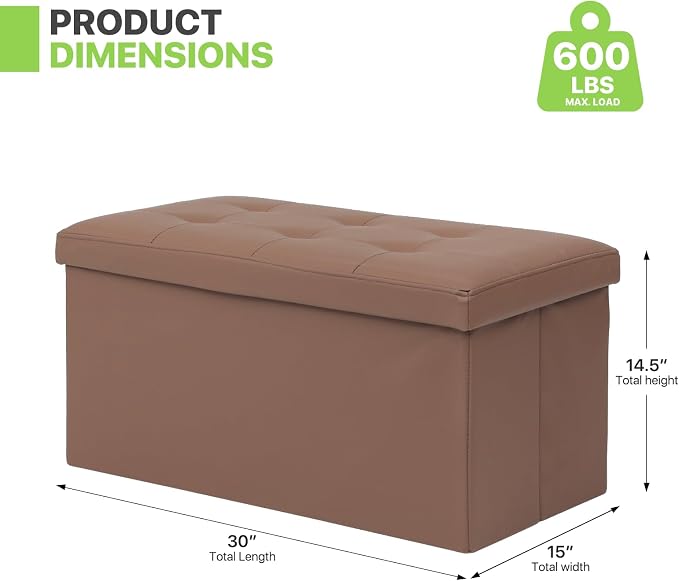 Magshion Folding Storage Ottoman Bench, 30 Inches PU Leather Ottoman Foot Rest, End of Bed Bench, Storage Chest for Living Room, Entryway, Bedroom, 600 lbs Load Capacity, Brown