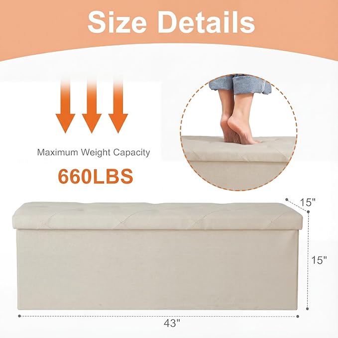 Sweetcrispy 43 Inch Folding Storage Ottoman Bench, Large Hidden Storage Chest with Padded Seat, Foot Rest Stool Supports Up to 660Lbs, End of Bed Bench for Bedroom, Living Room, Linen Fabric, Beige