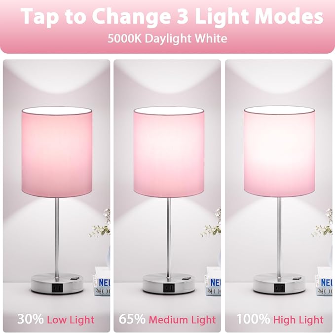 Pink Touch Lamps for Nightstand Set of 2 - Bedside Table Lamp for Bedroom with Dual USB Ports & AC Outlet, 3-Way Dimmable Lamps for Living Room Boys Room, Night Light with 5000K Daylight Bulbs